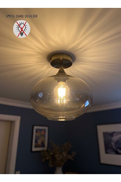 Bamyum Solvia Bal Rengi Cam Yuvarlak Rustik Piramit Plafonyer Başlık Tekli E2...