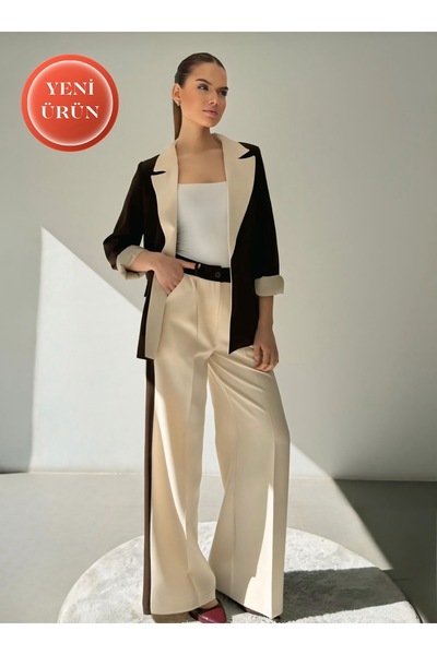 ossons Kontrast Renk Garnili Blazer Ceket Palazzo Pantolon Krem - Acı Kahve K...