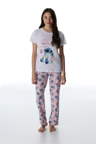 Penti Set de pijamale cu pantaloni Lic Stitch Ohana roz, bumbac piese