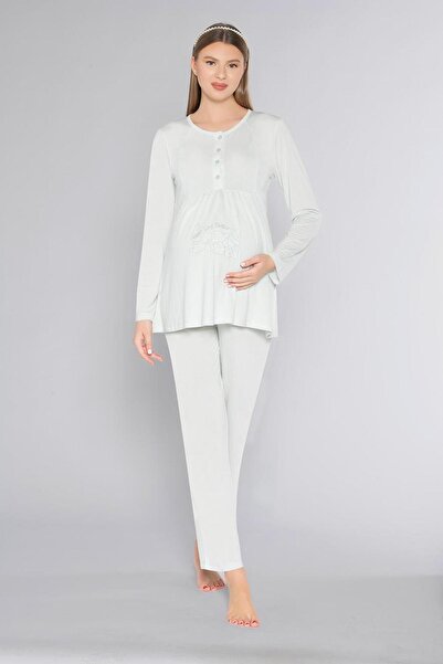 FLZ Pregnant Women's Long Sleeve Pajama Set with Buttons and Embroidery Detai...