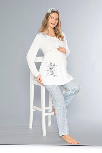 FLZ Pregnant Women's Long Sleeve Pajama Set with Embroidery Detail Zakkum 25-02