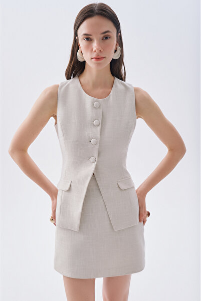 Mudo Fitted Buttoned Sleeveless Tweed Blouse