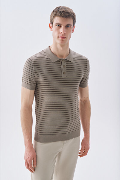 Mudo Striped Polo Neck Short Sleeve Knitting Sweater