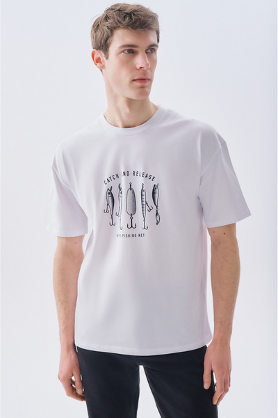 Mudo Erkek Beyaz Baskılı Oversize Bisiklet Yaka T-Shirt