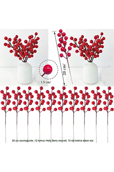 partidolu 10 Adet Holly Berry Kiraz Dalı Kokina Kırmızı 12 Yemişli Yılbaşı Süsü