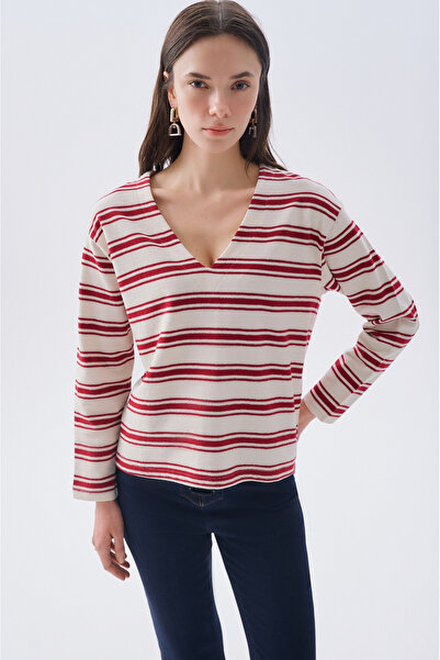 Mudo Striped Loose Fit V-Neck Sweatshirt