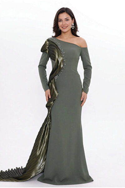 BDM Exclusive Tek Kol Pilise Organze Drape Taş İşlemeli Premium Abiye Elbise