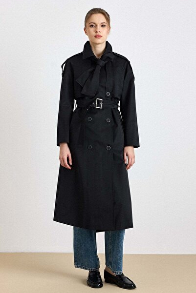 Olcay Water-Repellent Feature Trench Coat with Cape and Scarf Detail Black 6830