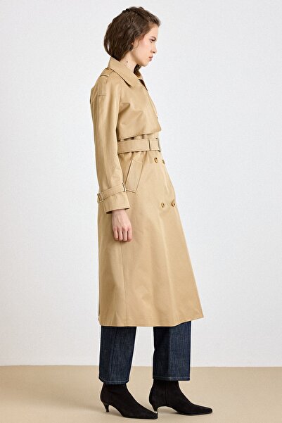 Olcay Water-Repellent Elements Trench Coat with Raglan Sleeves, Cape and Epaulet Detail Kamel 6809
