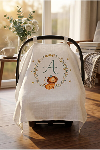 bebeqon Müslin Bebek Puset Örtüsü A Harfli Aslan Figürlü Beyaz 70x110 cm