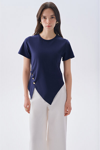 Mudo Asymmetric Cut Short Sleeve Buttoned Blouse