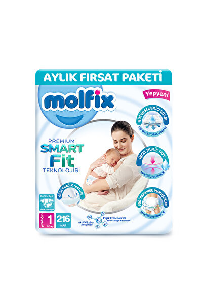 Molfix Premium Smart Fit Aylık Fırsat Paketi 1 Beden Yenidoğan 216 Adet