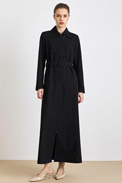 Olcay Fermur Closure with Snap Detail Lined Overcoat Black 6840