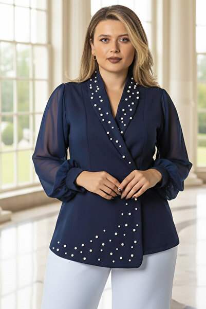 SUBU TASARIM Pearl Detailed Chiffon Sleeve Blouse Navy Blue Tbs984