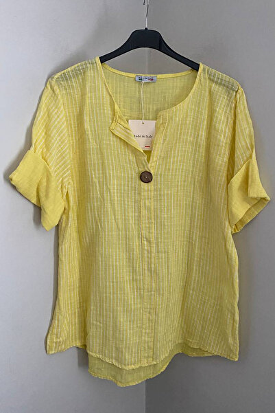 AYASOFYA OTANTIK Bluză tunică oversize cu mâneci 3/4 în dungi galbene italien...