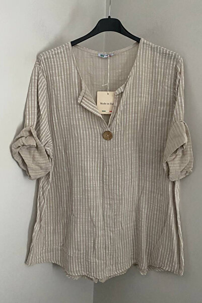 AYASOFYA OTANTIK Bluză tunică oversize cu mâneci 3/4 în dungi bej italian pen...