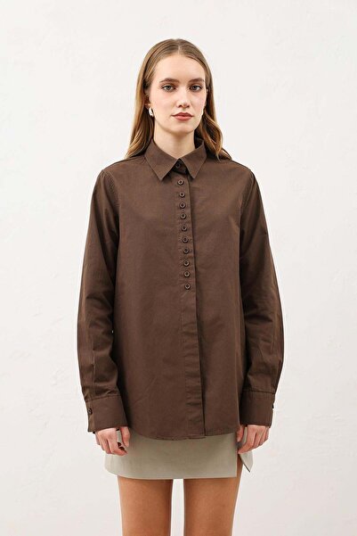 Antioch Kahve Düğme Detaylı Poplin Gömlek