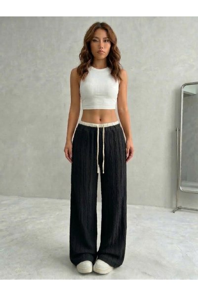 fablair Wide Leg, Elastic Waist, Lace-Up, Textured, High Waist, Comfortable Cut Women's Trousers