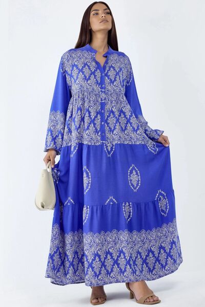 Hiccup Buttoned V-Neck Patterned Maxi Dress