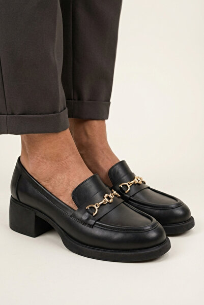 GRADA Γνήσιο δέρμα, μαύρα γυναικεία παπούτσια με τακούνι, χρυσό μεταλλικό τακ...