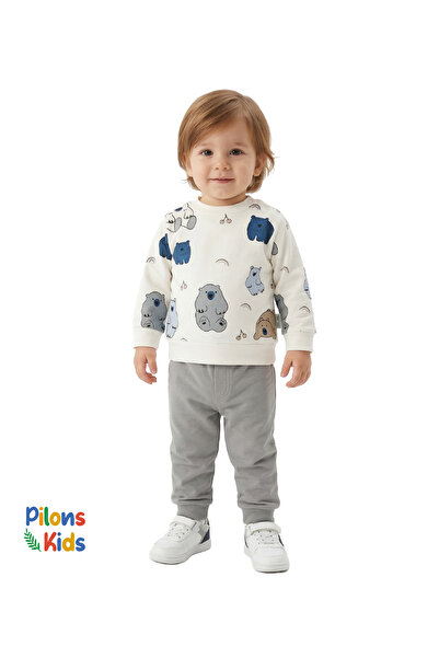 Pilons Kids Erkek Bebek Beyaz Ayıcıklı Çıtçıtlı Sweatshirt ve Beli Lastikli G...