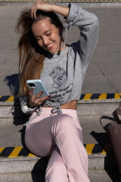 Le'Sluette Γυναικείο φούτερ oversized Crop από βαμβακερό κέντημα με λεπτομέρε...