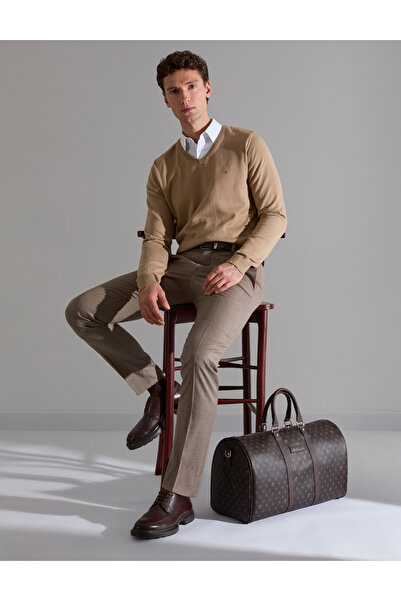 Pierre Cardin Camel Slim Fit V-Neck Basic Knitwear Sweater 50314190-Vr015