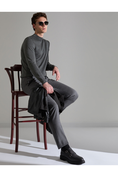 Pierre Cardin Anthracite Melange Slim Fit Quarter Collar Basic Knitwear Sweat...
