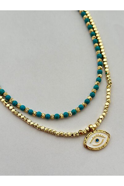 mibrillo Turquoise bead and cube bead eye detail summer necklace (double neck...
