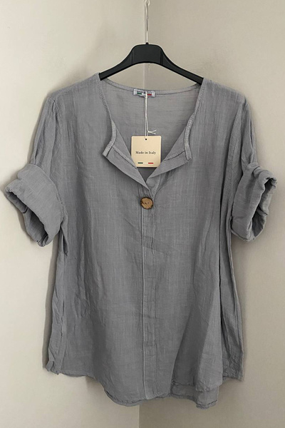 AYASOFYA OTANTIK بلوزة نسائية إيطالية رمادية اللون بأكمام 3/4 وأكمام كبيرة وف...