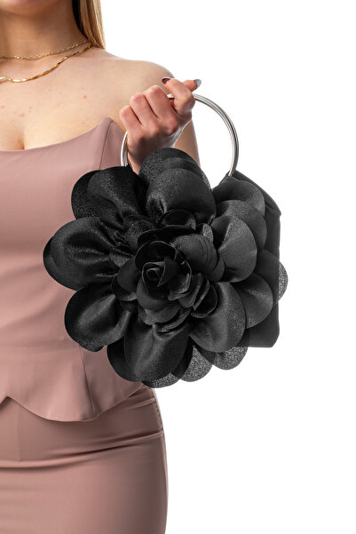 GUSTELLO MİLA | Gümüş Metal Yuvarlak Saplı Gül Çiçek Tasarım Abiye Çanta - Dü...