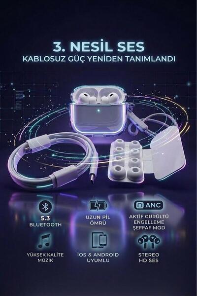 AuraPods Air Pro 3 ANC Kablosuz Bluetooth Kulaklık – Şeffaf Kılıf, Bluetooth ...