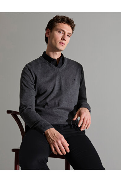 Pierre Cardin Anthracite Melange Slim Fit V-Neck Basic Knitwear Sweater 50314...