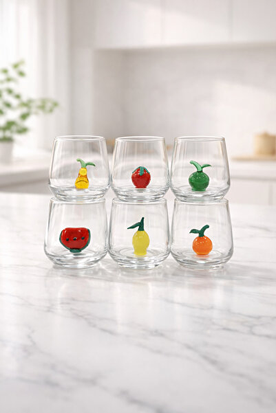 ADAMODART Karışık Meyve Cam Figürlü Kahve Yanı Su Bardağı 6'lı Set
