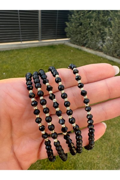 One Gold Brățară cu 10 mărgele din aur de 14K "585" și cristale negre, reglabilă