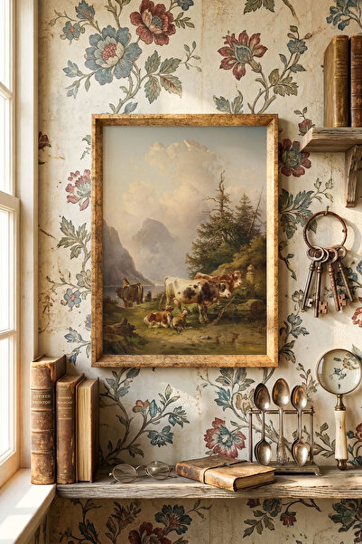 epiqart Herds of Animals with Shepherd Girl by the Lake - Vintage Patterned F...