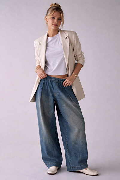 september island Ruth Striped Smoky Blue Oversized Thick Fabric Waist Adjusta...