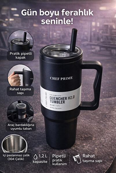 MİMOZA PARK Steel Tumbler Thermos with Handle 1.2 L Large Size with Straw Com...