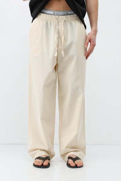 VAMOSCLO Bel Lastikli Baggy Fit Keten Pantolon Naturel