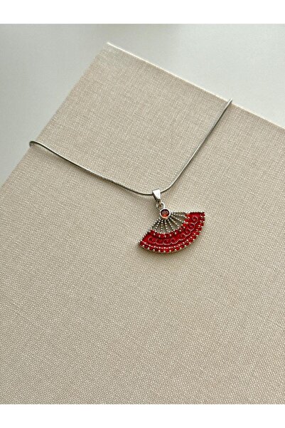 Daynav Gümüş Zincirli Kırmızı Yelpaze Kolye
