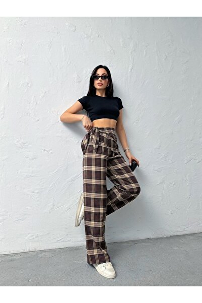 timagna Kadın Ekose Desenli Bağlama Detaylı Geniş Paça Pantolon