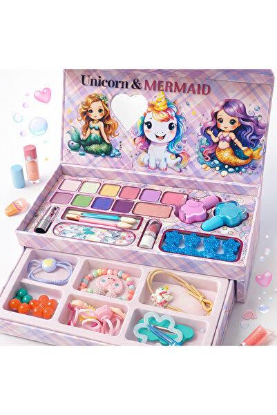 YerliToptan 2 Katlı Çocuk Makyaj Seti Unicorn & Mermaid – Aksesuarlı, Aynalı ...