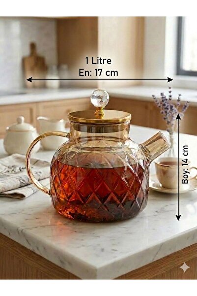 BRE HOME إبريق شاي من الزجاج البوروسيليكاتي المقاوم للحرارة بنمط هندسي بلون ا...