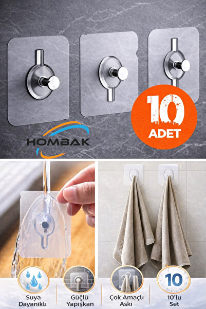 Hombak 10 Adet Duvar Delmeden Zarar Vermeden Yapışkanlı Askılık Çivi Şeffaf G...