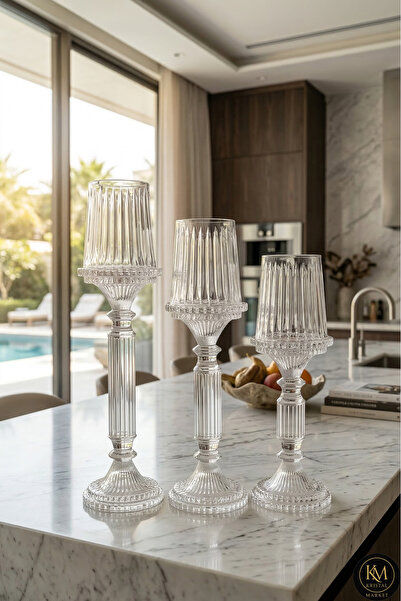 Kristal Market El Yapımı Kristal Desenli Şeffaf Lüks Mumluk Şamdan Set 3'lü