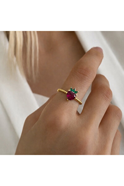 Markiz Takı خاتم الفراولة المرصع بالأحجار الملونة باللون الوردي للنساء