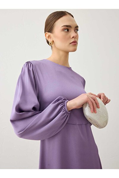 Refka Rochie din satin cu guler rotund și mâneci bufante, stil Hijab - Mov -