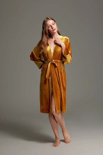 BONJOUR MADAME Bjm-1407 Gecelik & Sabahlık Takımı - Kadife Desenli İpek Saten...