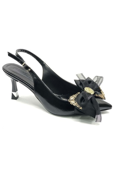 KCMN Feles Satin Bow Detail Open Back Stiletto Women's Heeled Shoes Black