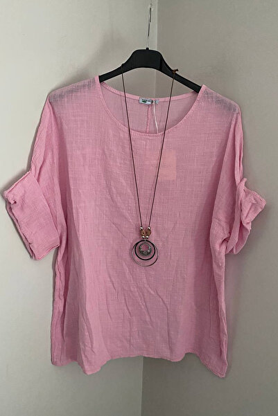 AYASOFYA OTANTIK Γυναικεία Ιταλική Ροζ Μπλούζα με Αξεσουάρ Κολιέ oversized Ca...